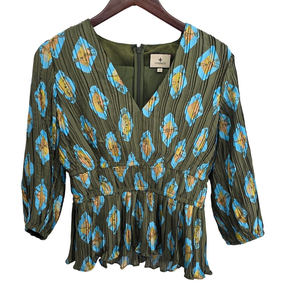 Tuckernuck Diamond Maisy Blouse Olive and Aqua Size Small